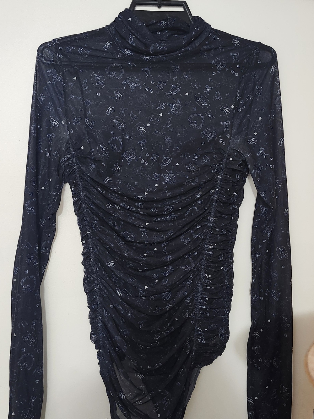 Free People Navy Blue Ruched Long-Sleeve Turtleneck Bodysuit